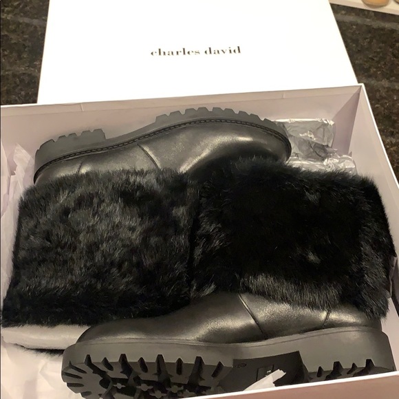 Charles David black leather fur boots size 9M - Picture 1 of 8